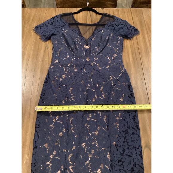Rene Ruiz illusion Lace Mesh Evening sheath Knee short sleeve Dress Navy Blue 8 - Picture 8 of 14